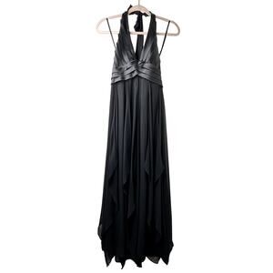Sz 4 Y2K BCBGMaxAzria Black Silk Halter Babydoll Maxi Dress Fairy Grunge Goth
